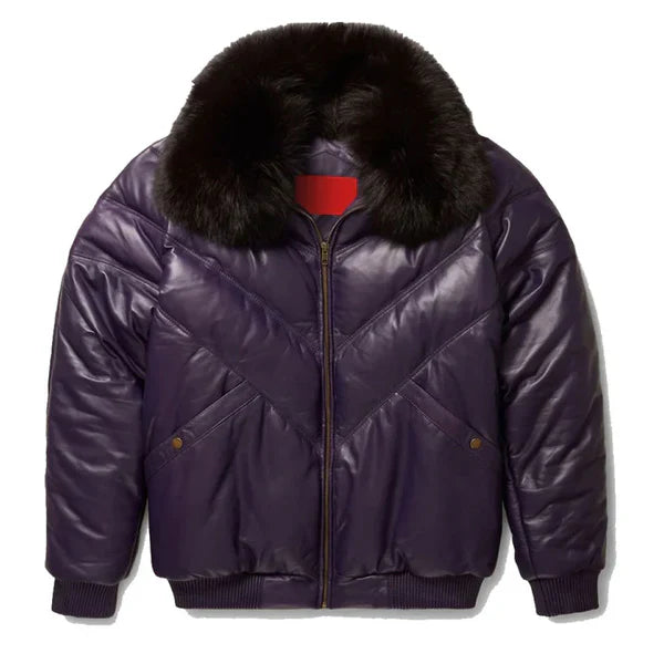 Men's V-Bomber Faux Shearling Purple Leather Jacket image 0