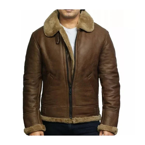 Men's Vintage Faux Shearling Brown Bomber Leather Jacket image 1