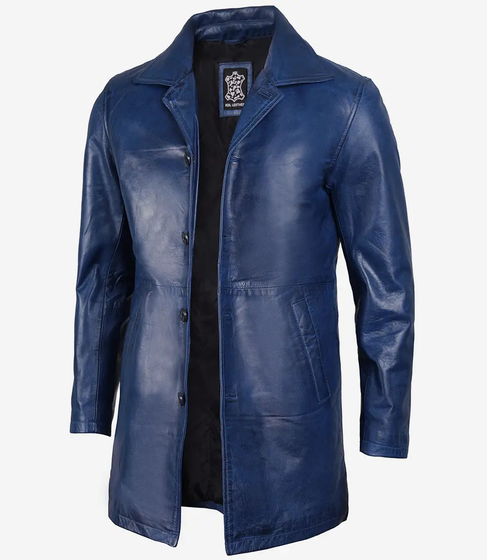 Men's Blue Waxed 3/4 Length Real Leather Car Coat image 0