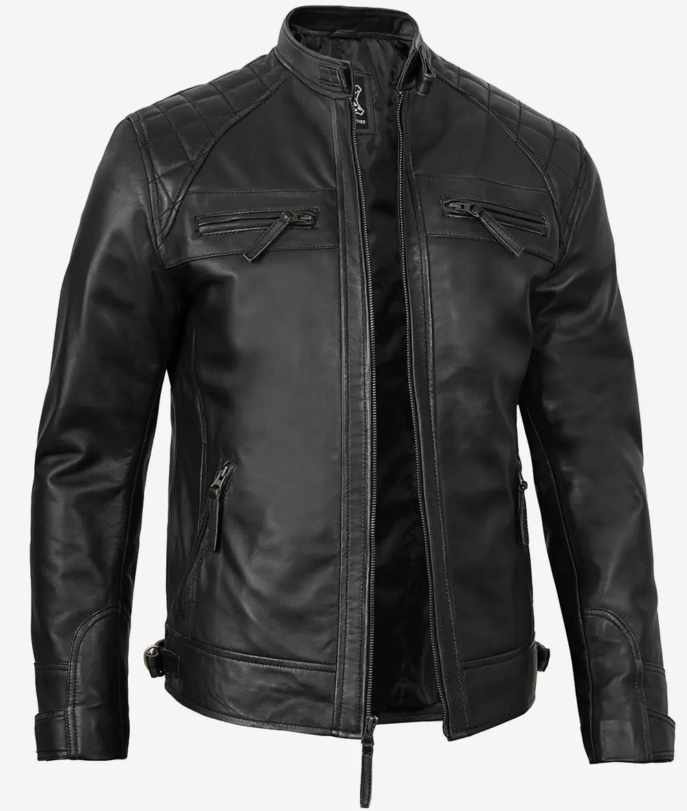 Men's Black Leather Quilted Cafe Racer Jacket image 1