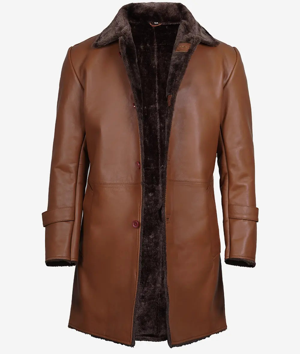 Men's 3/4 Length Shearling Leather Coat in Cognac image 1