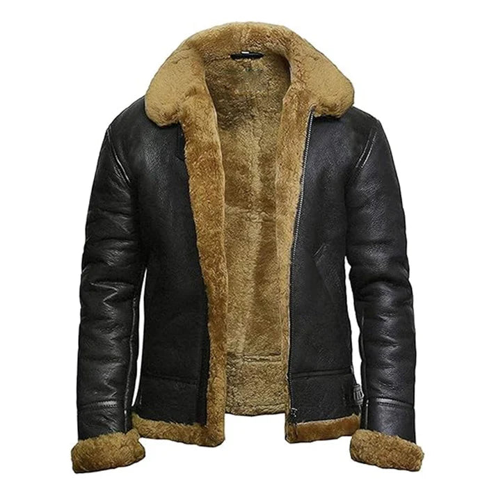 Men's B3 Faux Shearling Flying Bomber Black Leather Jacket image 0