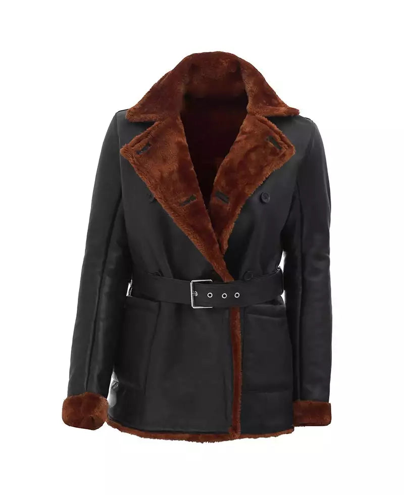 Women's Black Belted Leather Shearling Coat - Double-Breasted Style image 1