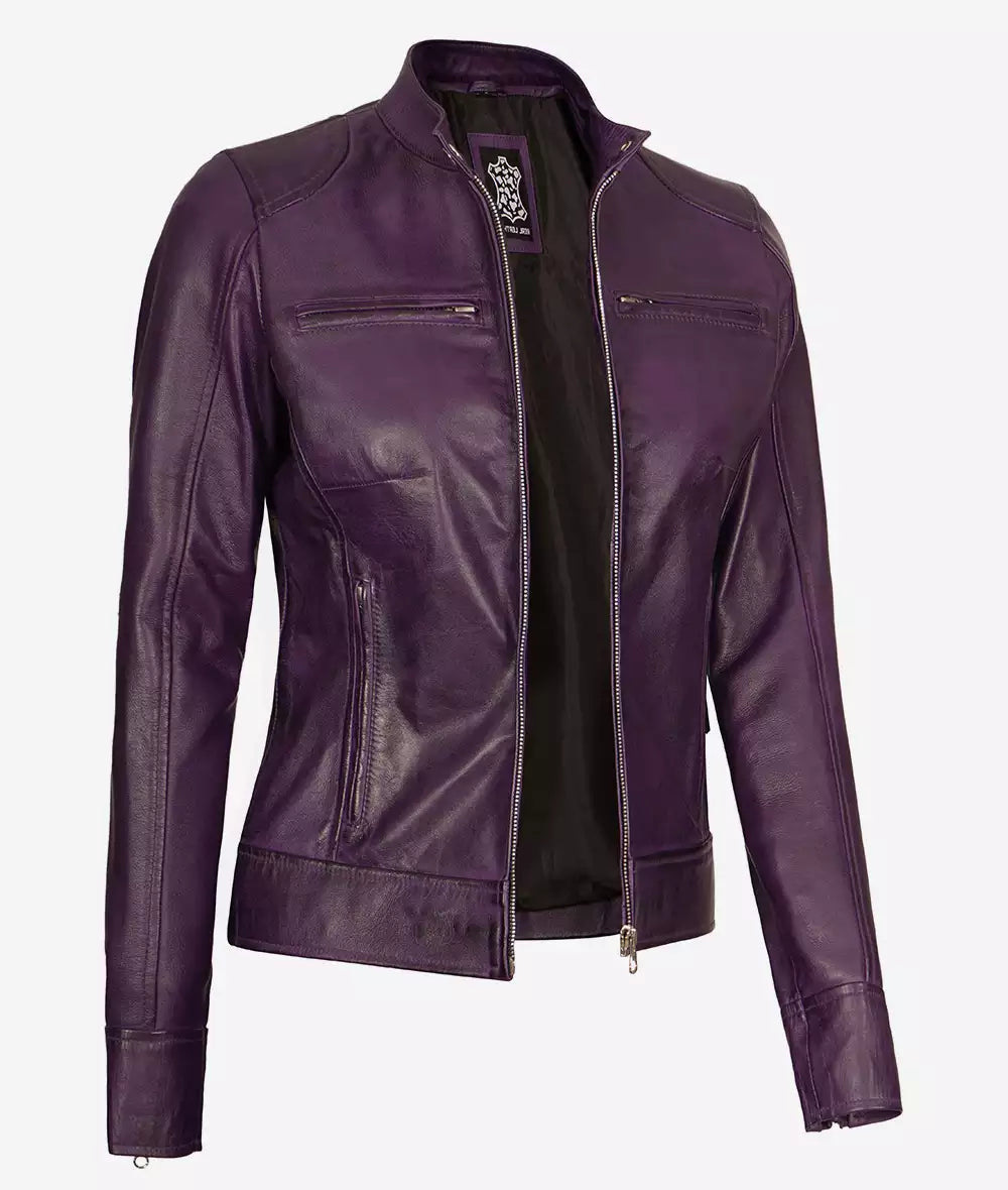 Dodge Women's Purple Cafe Racer Real Lambskin Leather Jacket image 1