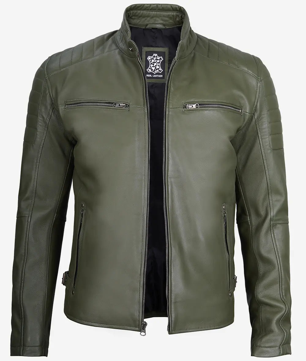 Men's Military Green Cafe Racer Leather Jacket image 1