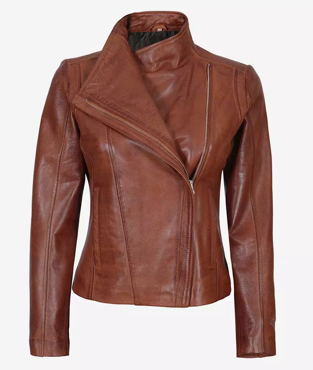 Women's Cognac Asymmetrical Leather Moto Jacket image 0