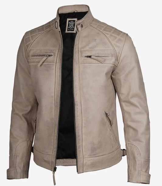Men's Cafe Racer Quilted Shoulder Beige Leather Jacket image 0