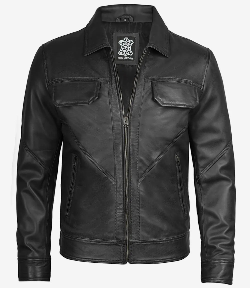 Men's Classic Black Shirt Collar Trucker Leather Jacket image 1