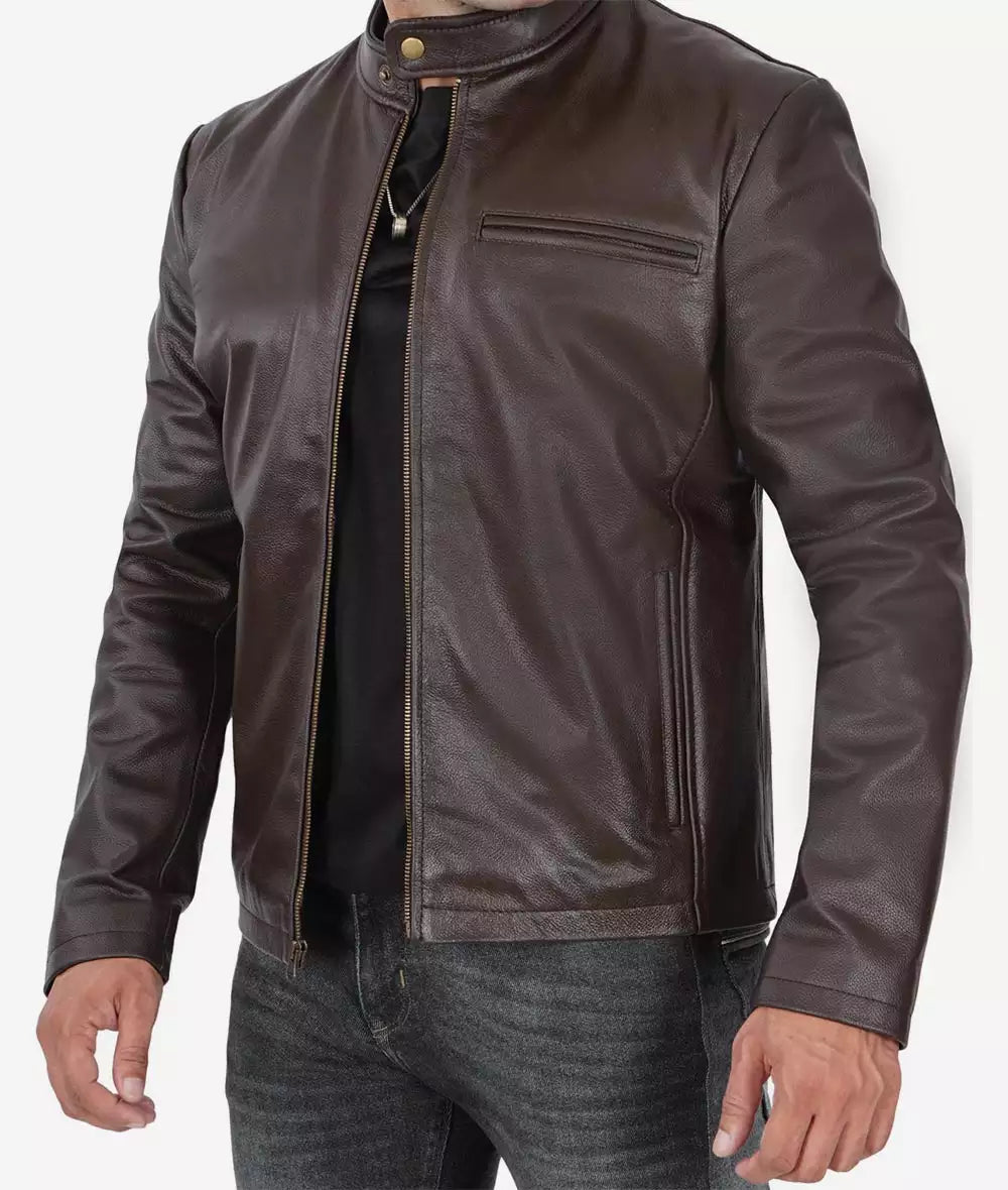 Men's Premium Dark Brown Cowhide Cafe Racer Leather Jacket image 1
