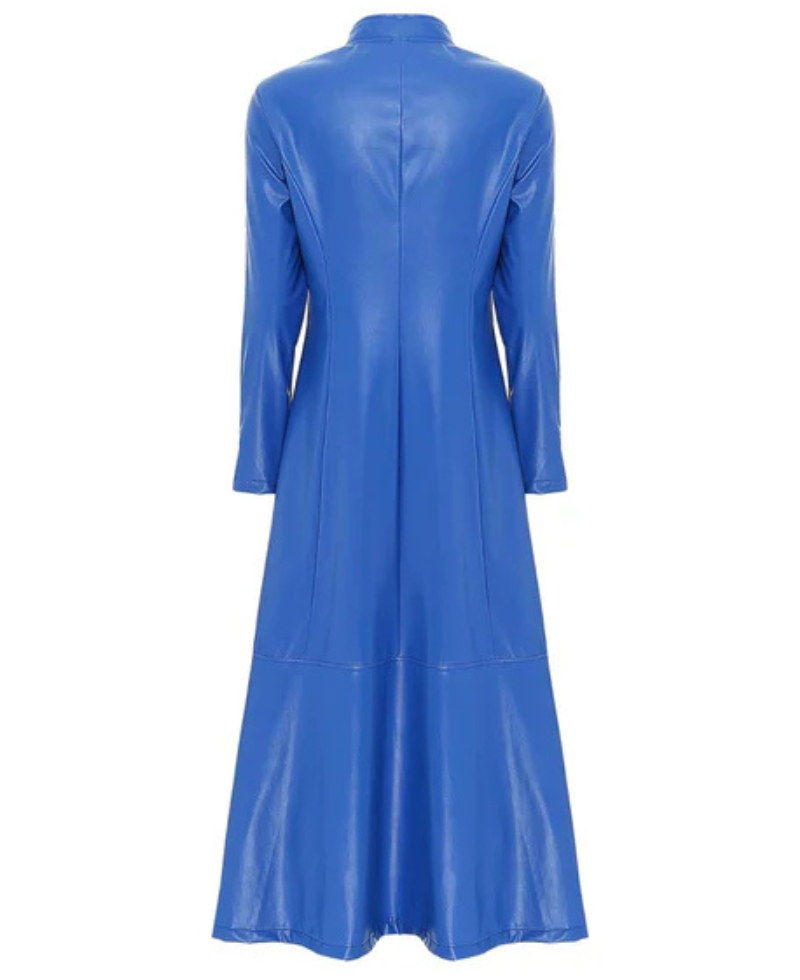 Women's Blue Ankle-Length Leather Trench Coat image 1