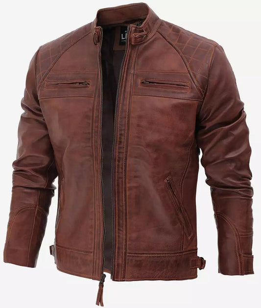 Men's Brown Quilted Cafe Racer Leather Jacket image 0