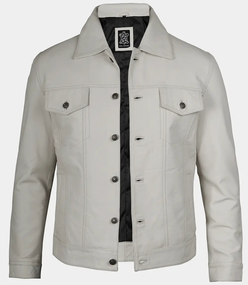Men's Off White Four Pockets Real Leather Trucker Jacket image 1