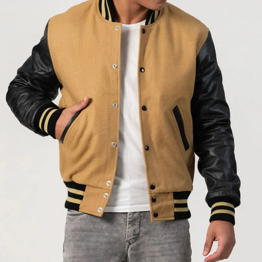 Men's Camel & Black Wool Varsity Jacket image 0