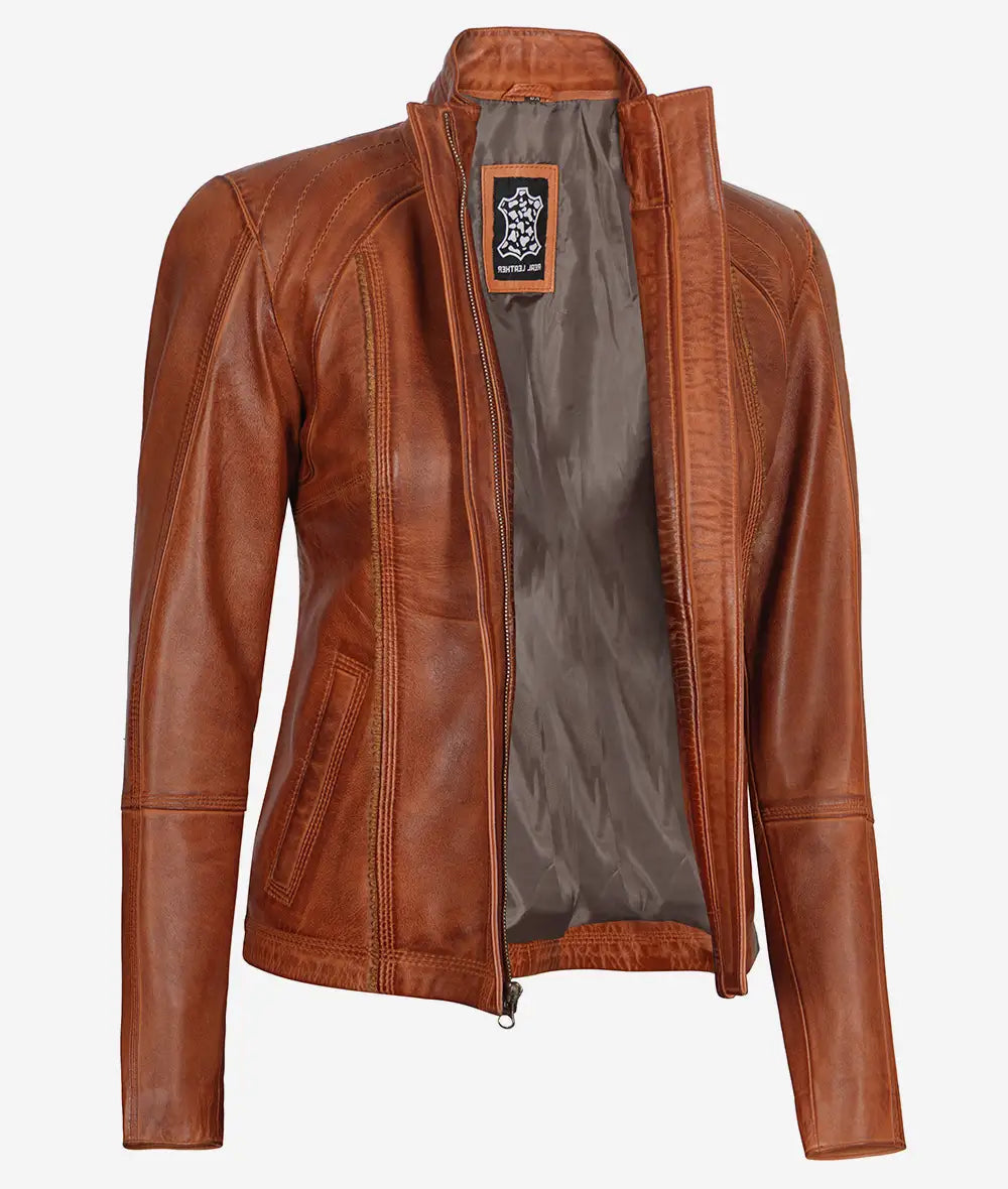 Acerra Women's Cognac Brown Cafe Racer Real Leather Jacket image 0