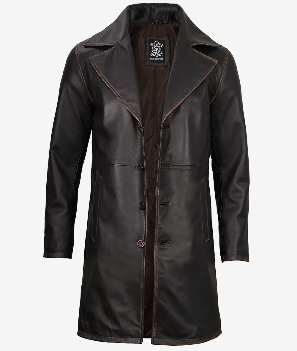Men's Rub Off Brown 3/4 Length Real Leather Car Coat image 1