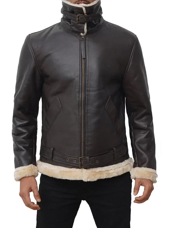 Mens Brown Shearling Bomber Jacket image 1