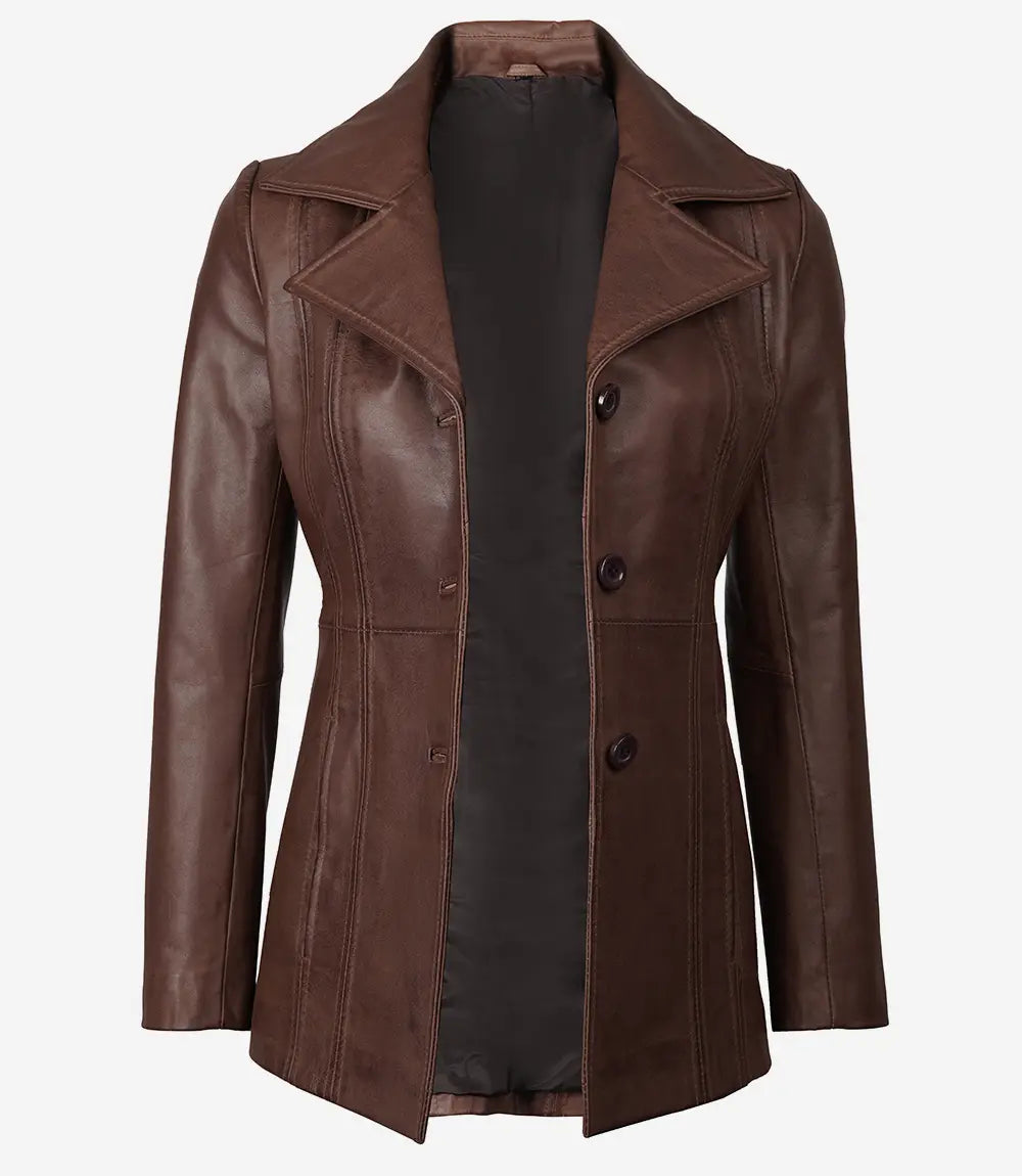 Women's Dark Brown Leather Coat - Three Button image 1