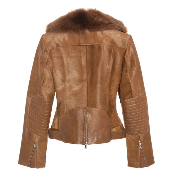 Women's Brown Tara Calf Shearling Fur Leather Jacket image 1