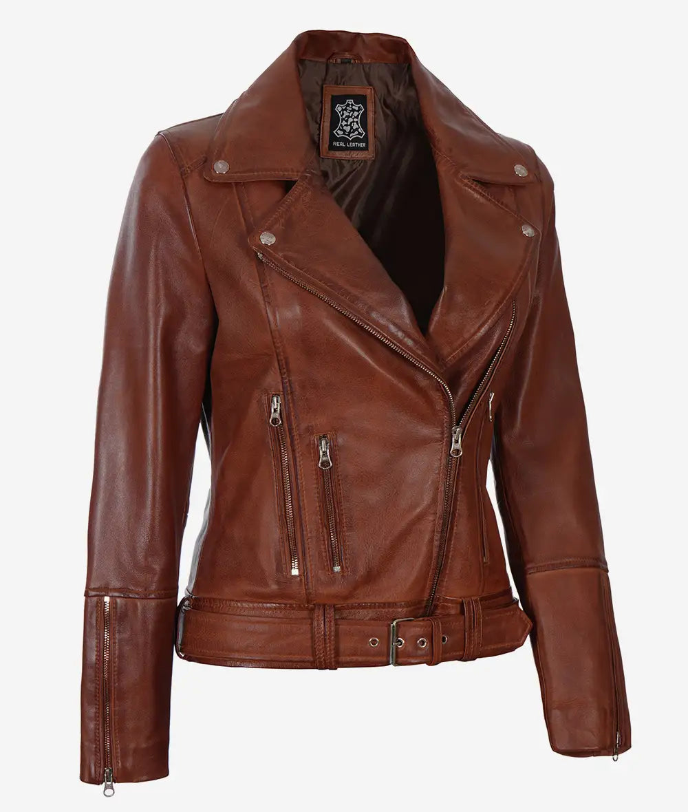 Women's Cognac Asymmetrical Leather Jacket Belted Waist image 1
