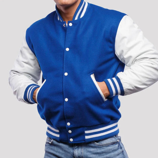 Bright Royal Wool Varsity Jacket with Bright White Leather Sleeves image 0