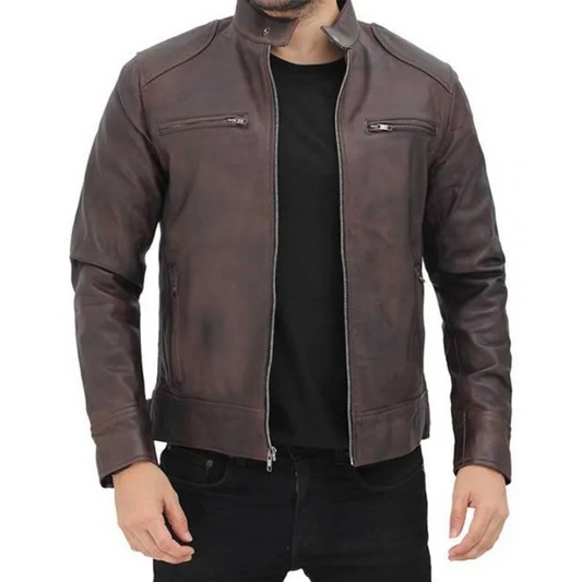 Dodge Men Brown Cafe Racer Leather Jacket image 0