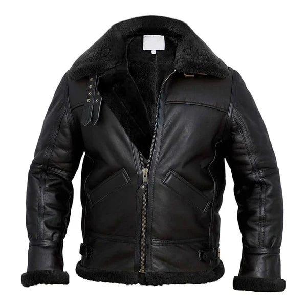 Men's Adjustable Collar Faux Shearling Leather Jacket image 0