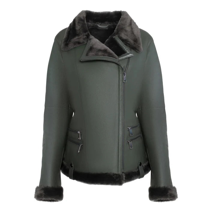 Women's Spanish Merino Green Faux Shearling Leather Jacket image 0