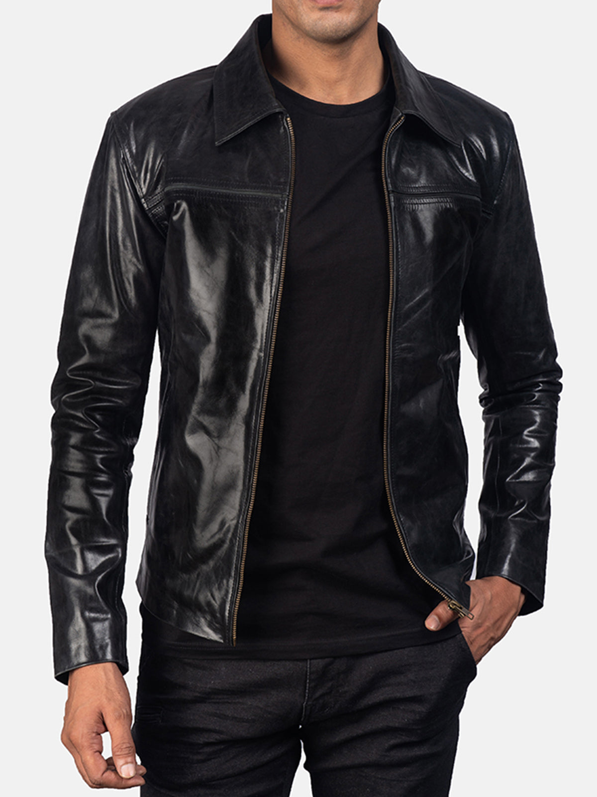 Black Leather Cafe Racer Jacket image 2