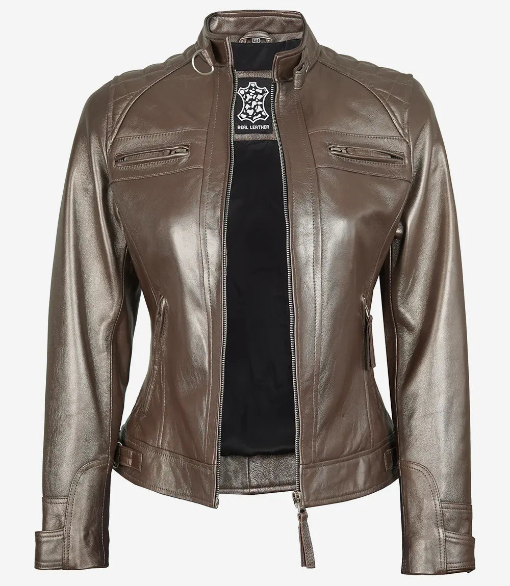 Women's Bronze Real Leather Motorcycle Jacket image 1