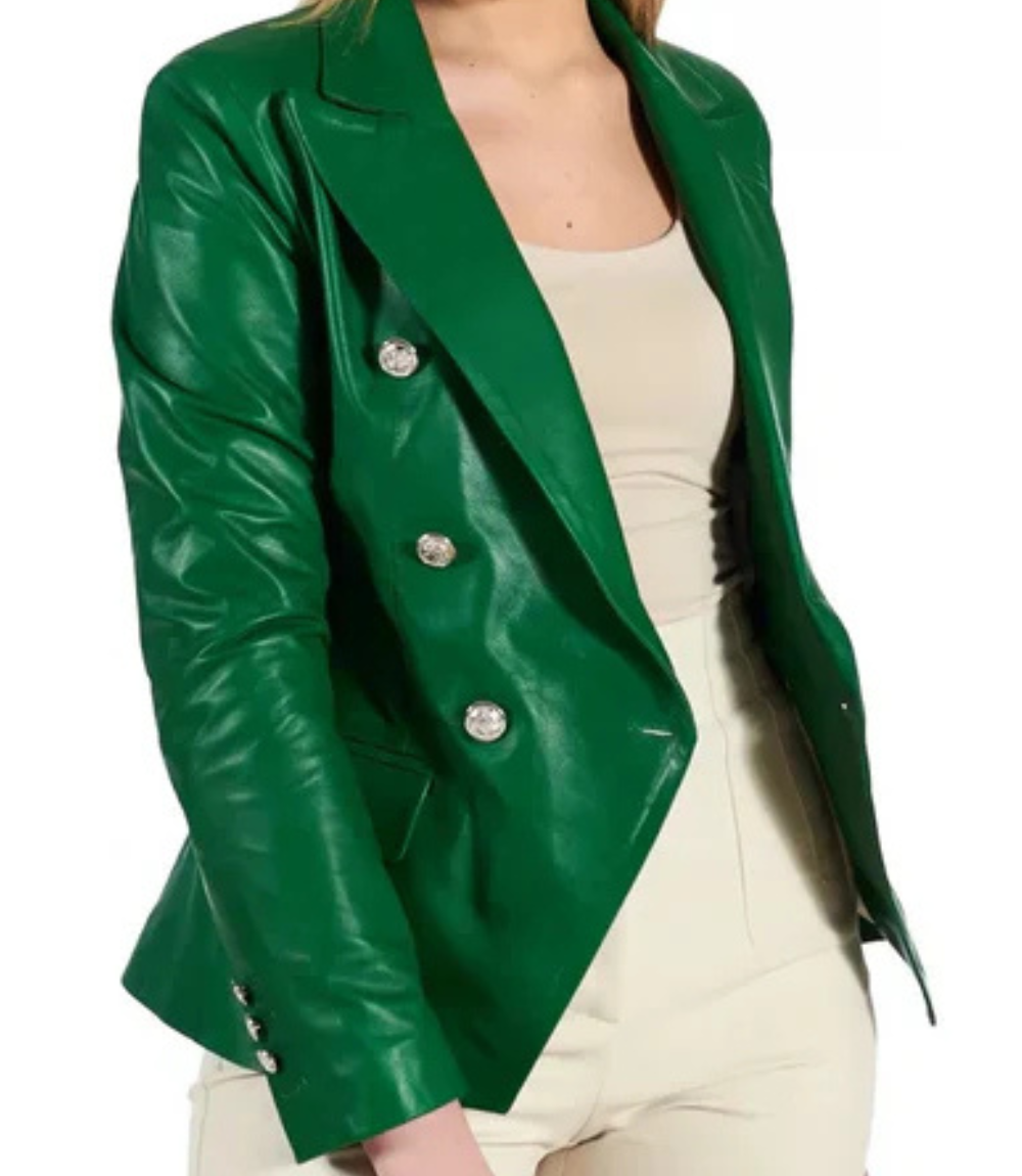 Women's Double Breasted Green Leather Coat image 1