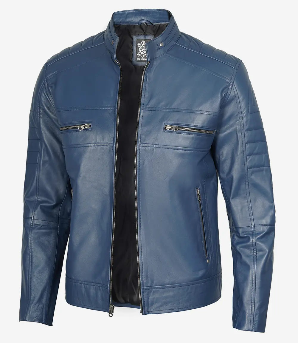 Men's Stylish Slim Fit Blue Cafe Racer Leather Jacket image 0