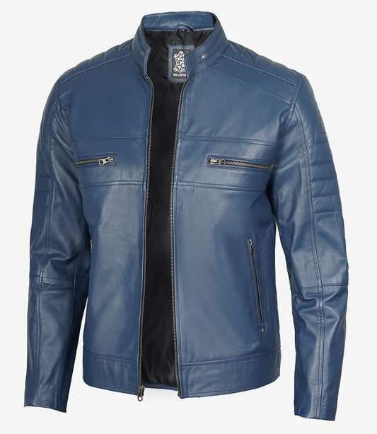 Men's Stylish Slim Fit Blue Cafe Racer Leather Jacket image 0