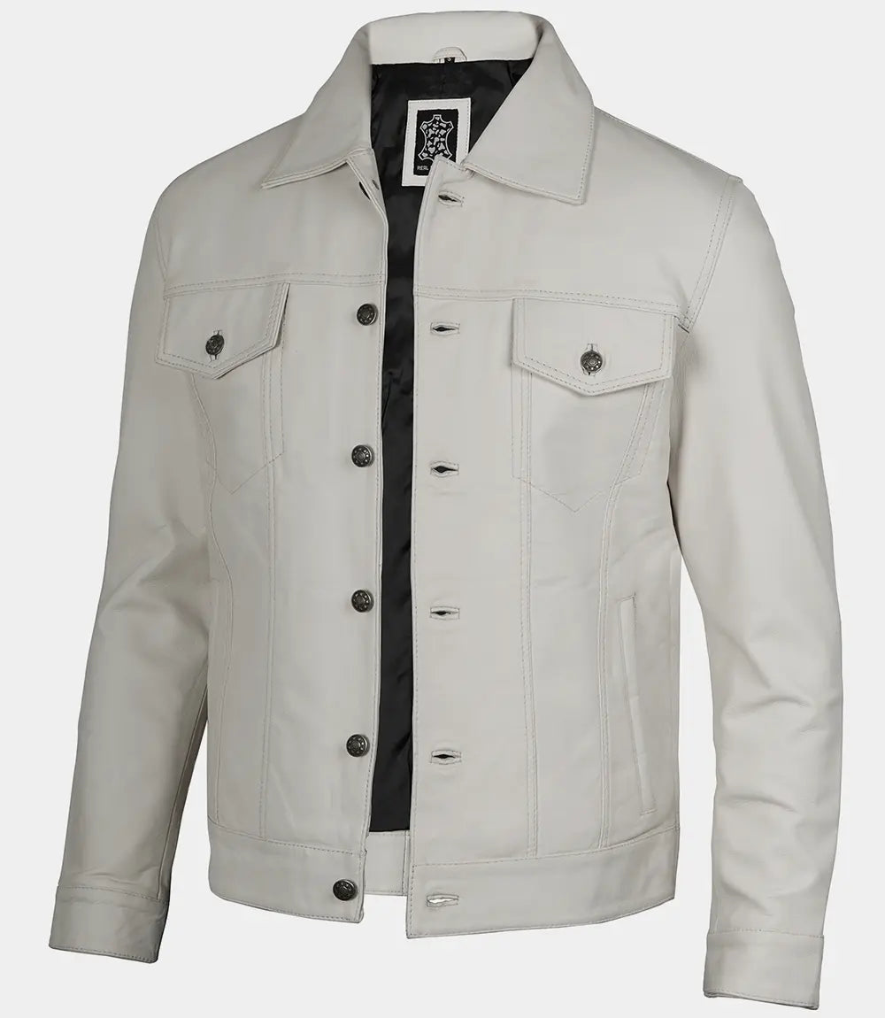 Men's Off White Four Pockets Real Leather Trucker Jacket image 0