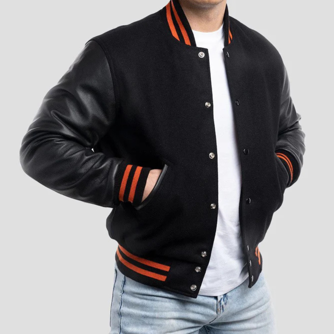 Black Wool Varsity Jacket with Black Leather Sleeves image 0