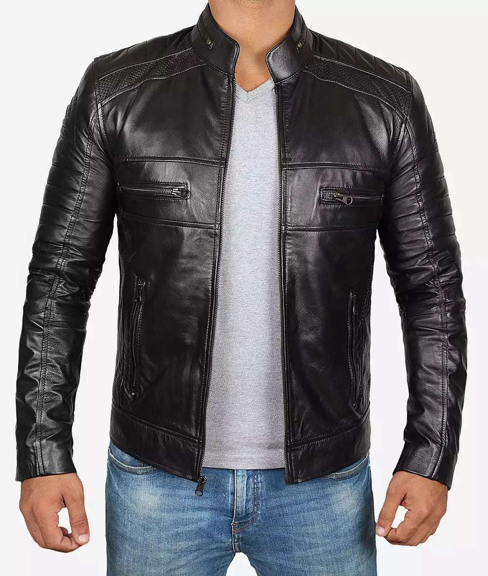 Men's Black Premium Cafe Racer Leather Jacket image 1