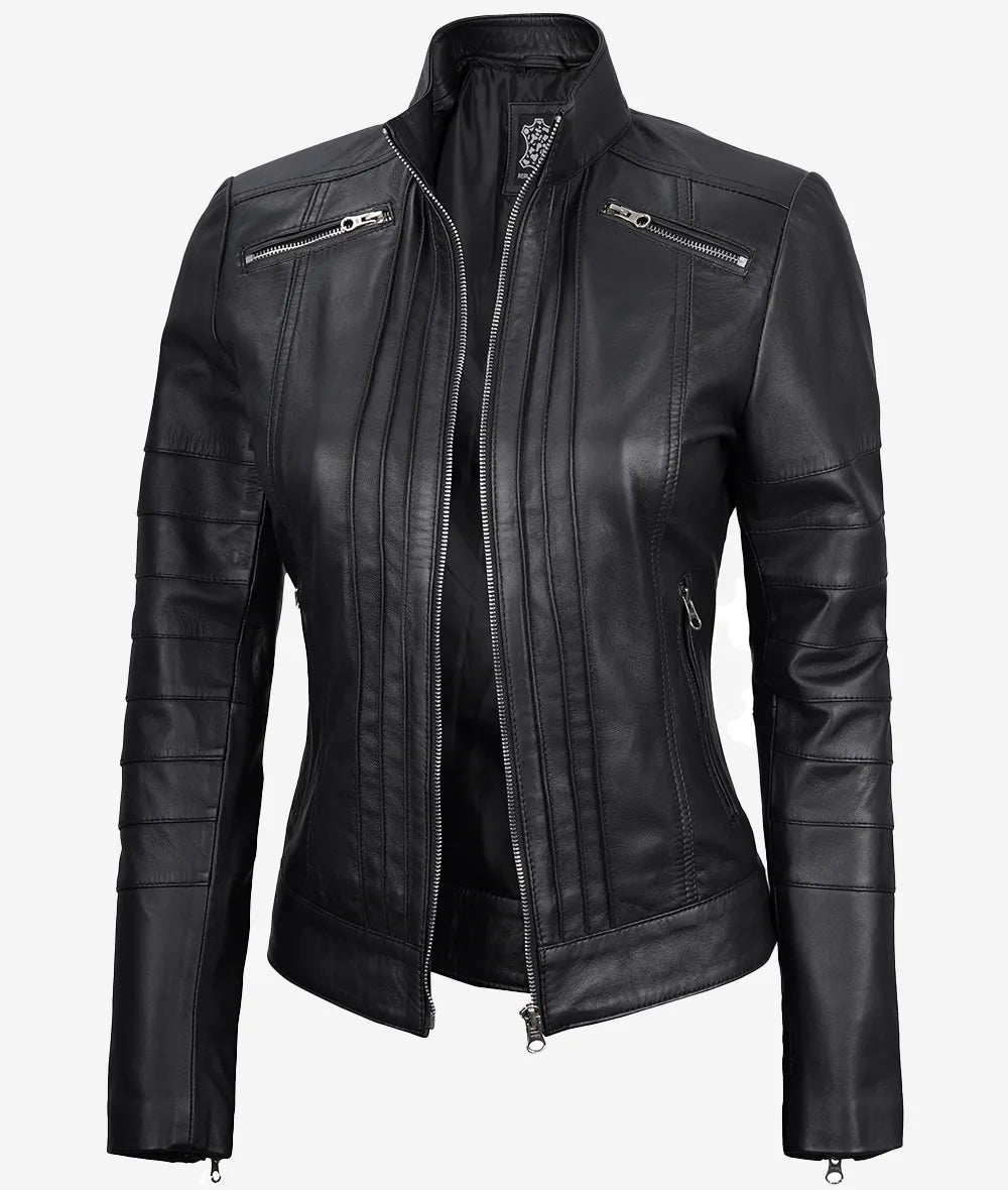 Bergamo Women's Cafe Racer Black Leather Jacket image 1