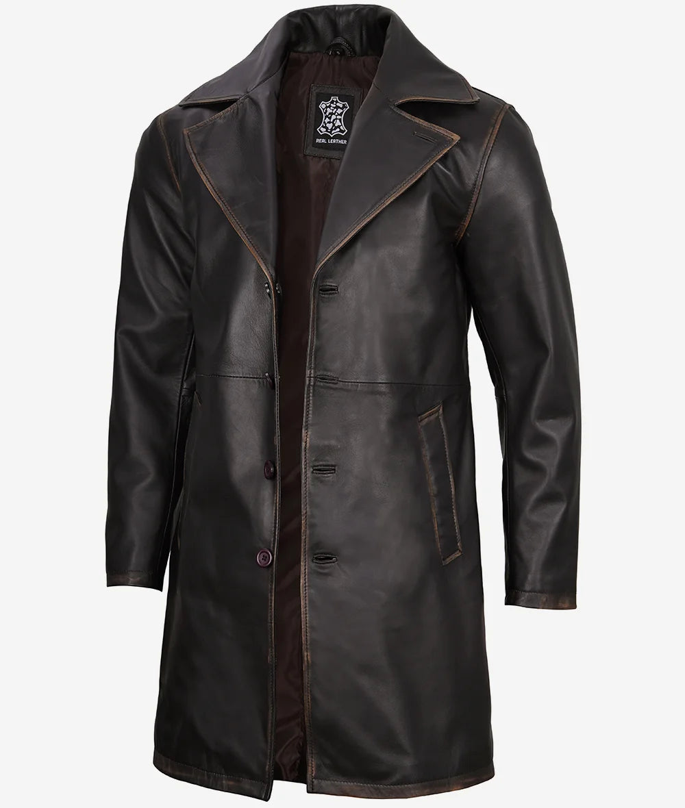 Men's Rub Off Brown 3/4 Length Real Leather Car Coat image 0