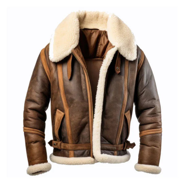 Men's Aviation Lapel Faux Shearling Brown Leather Jacket image 0
