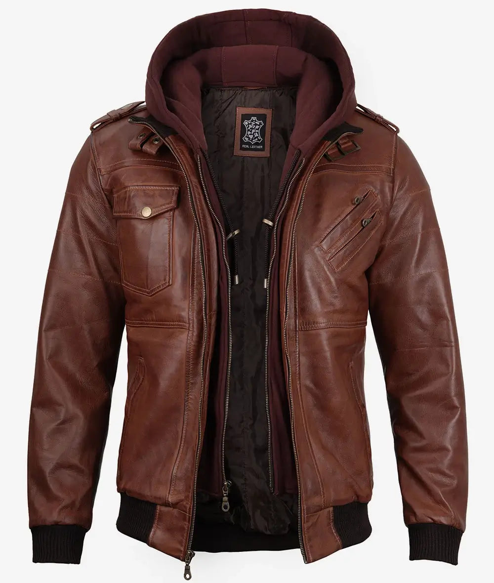 Men's Brown Leather Bomber Jacket With Removable Hood image 1