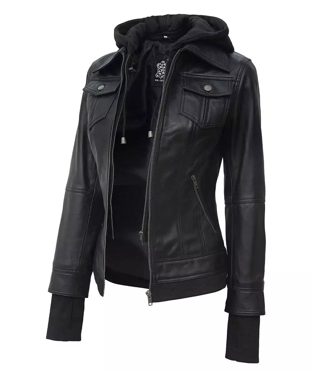 The Céleste: Women's Black Bomber Leather Jacket | Removable Hood image 1