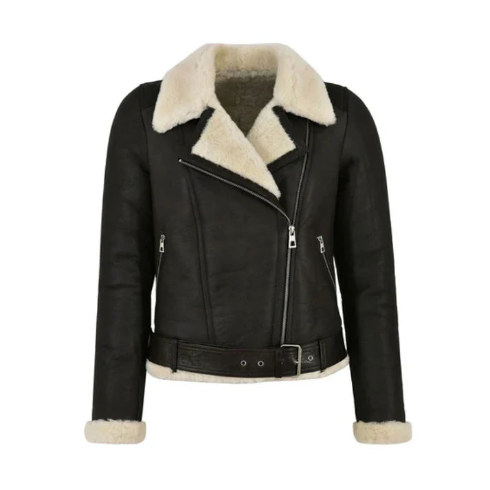 Women Black Genuine Faux Shearling Biker Leather Jacket image 0