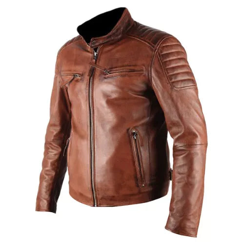 ATX 3 Cross Pockets Brown Waxed Genuine Real Leather Jacket image 1
