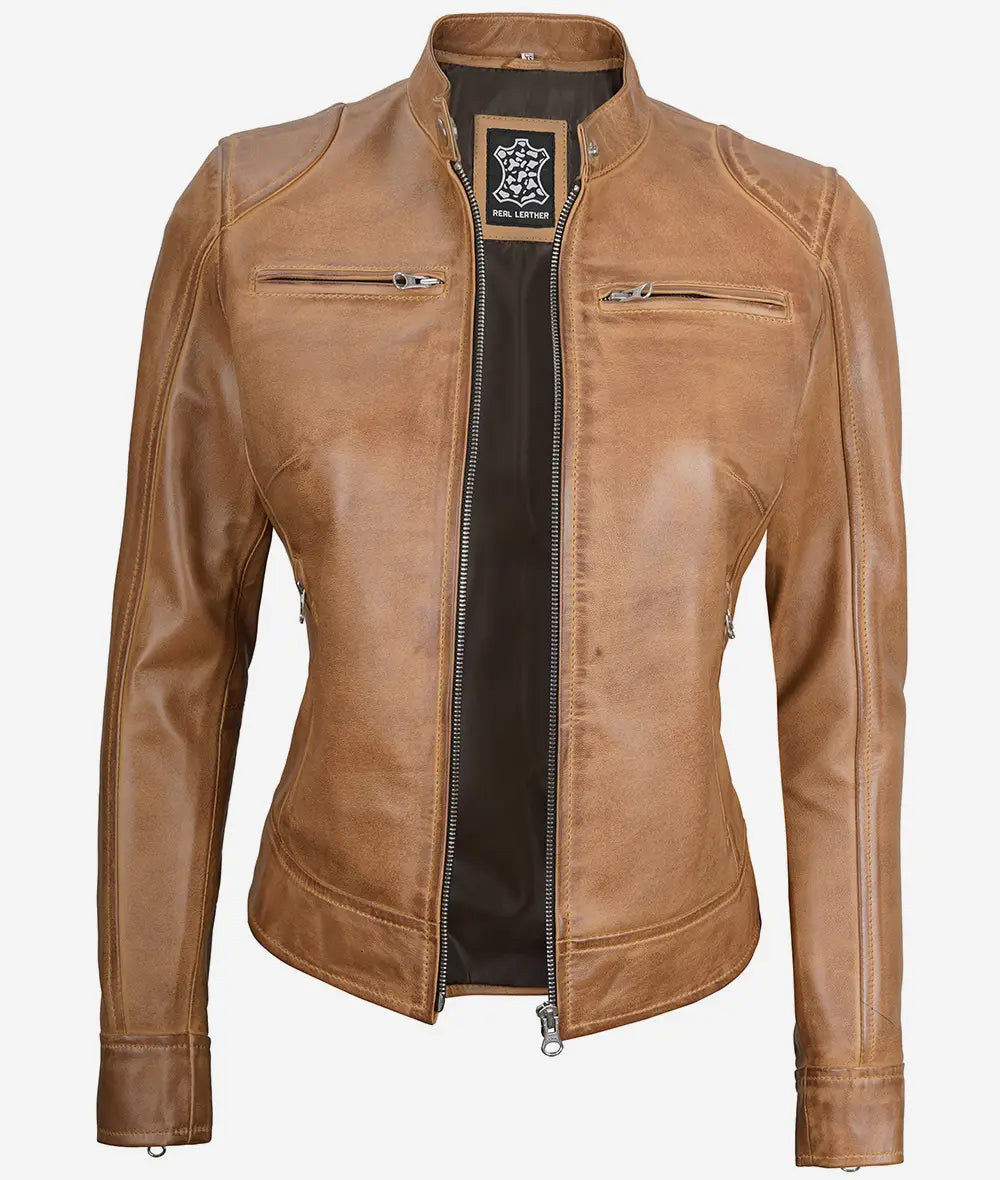 Women's Camel Real Leather Moto Jacket image 0