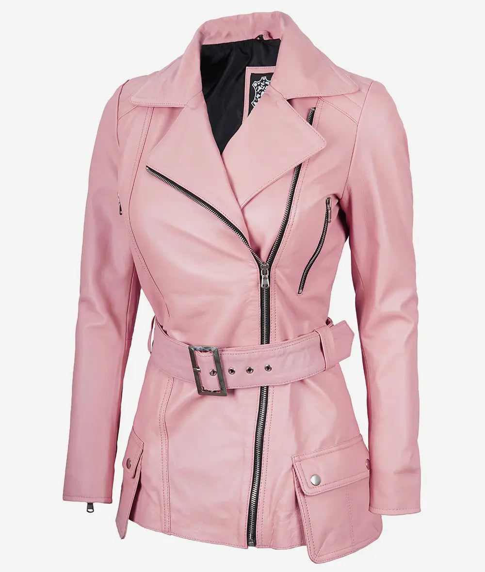 Women's Pink Belted Moto Real Leather Jacket image 0