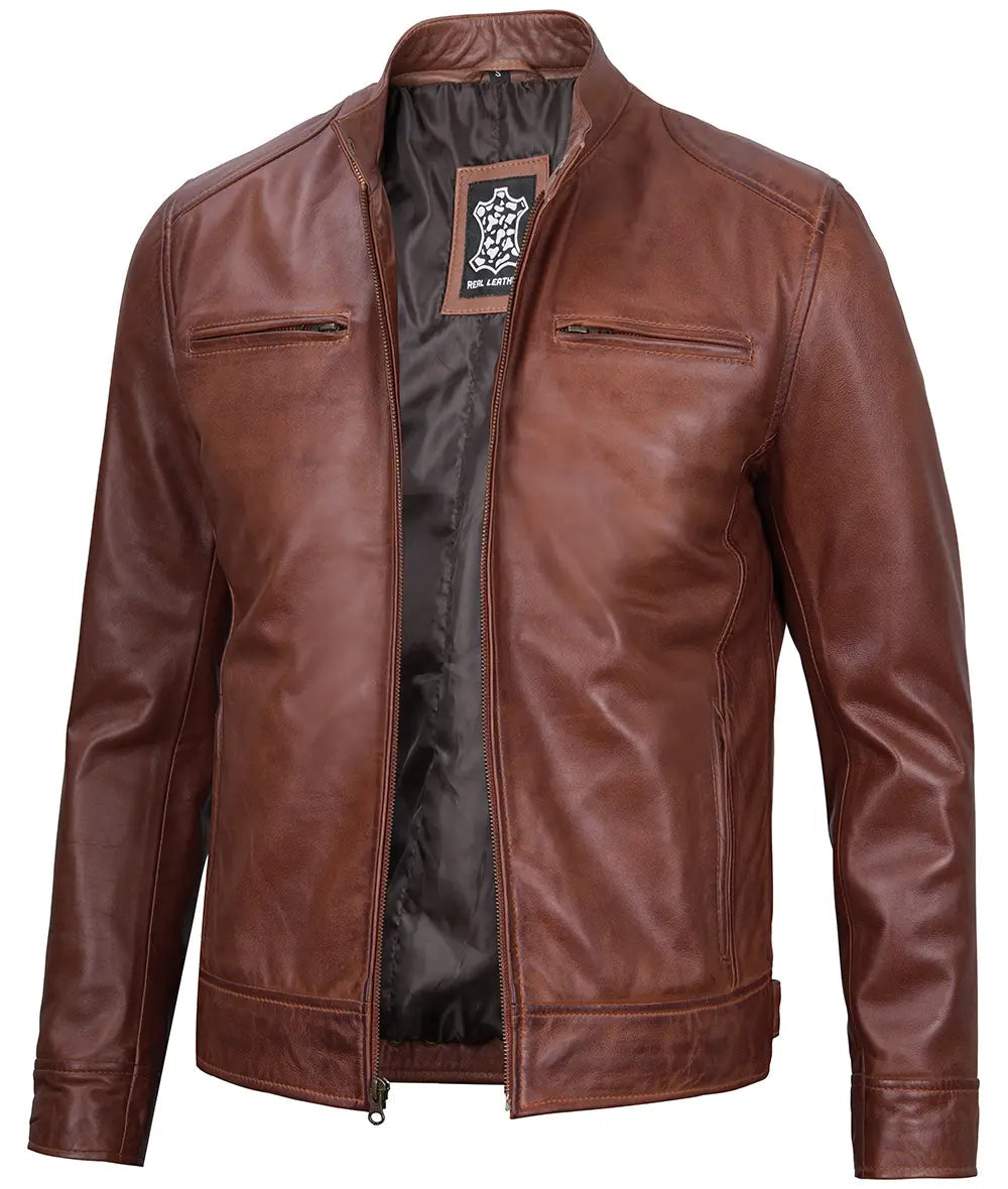 Men's Cognac Cafe Racer Leather Jacket image 1