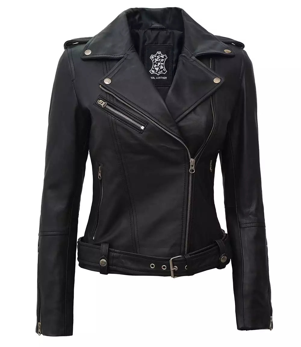 Margaret Women's Asymmetrical Black Belted Biker Leather Jacket image 1