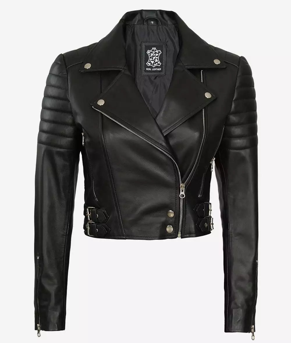 Women's Black Asymmetrical Cropped Moto Leather Jacket image 0
