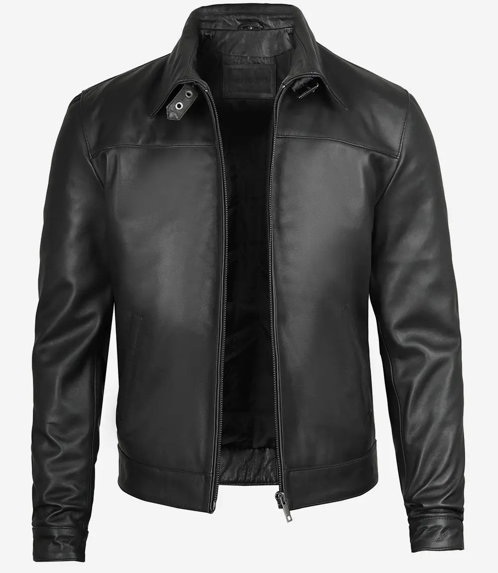 Men's Black Premium Shirt Collar Real Leather Jacket image 1