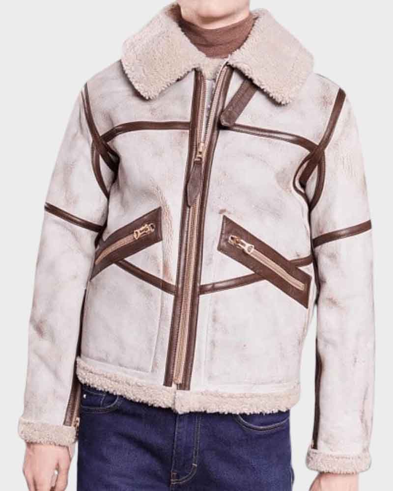 Aviator Style Mens White Waxed Leather Jacket image 0
