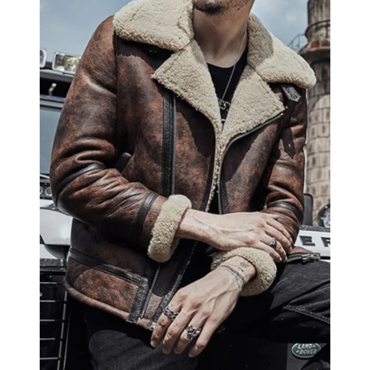 Mens Waxed Brown Flying Aviator Leather Shearling Jacket image 1